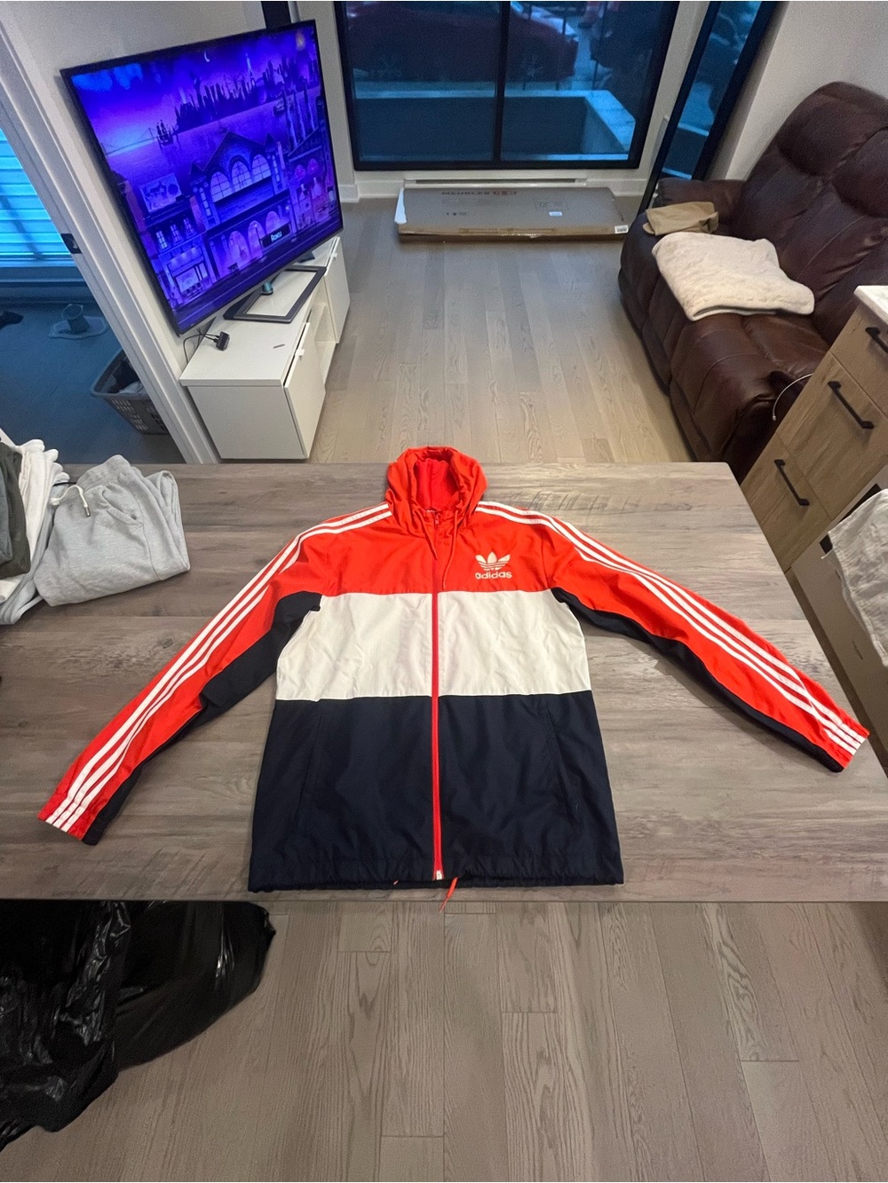 adidas Red White Black Colorblock Three-Stripe Windbreaker